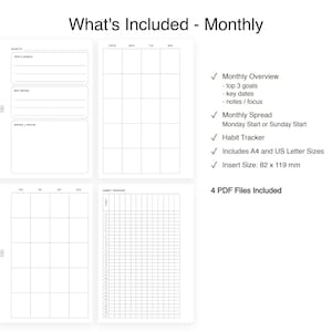 May include: A digital monthly planner template featuring a monthly overview, a calendar spread, and a habit tracker. The text includes 'What's Included - Monthly', 'Top 3 Goals', 'Key Dates', 'Notes / Focus', 'Habit Tracker', and 'Insert Size: 82 x 119 mm'.