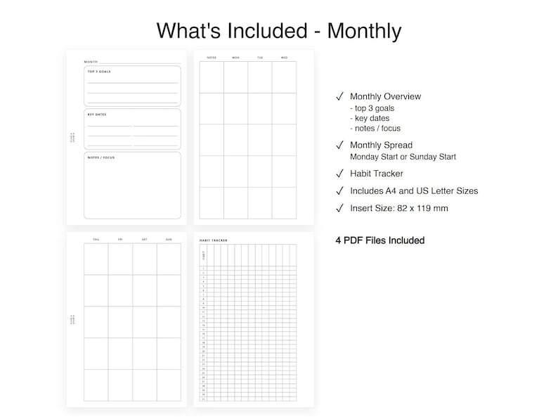 May include: A digital monthly planner template featuring a monthly overview, a calendar spread, and a habit tracker. The text includes 'What's Included - Monthly', 'Top 3 Goals', 'Key Dates', 'Notes / Focus', 'Habit Tracker', and 'Insert Size: 82 x 119 mm'.