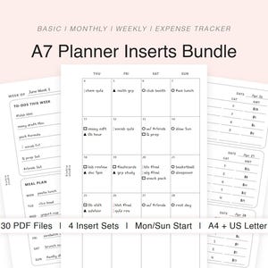 May include: A7 planner inserts bundle featuring basic, monthly, weekly, and expense tracker pages. The white paper sheets display black text and grid layouts for scheduling, to-do lists, meal planning, and financial tracking with 30 PDF files included.