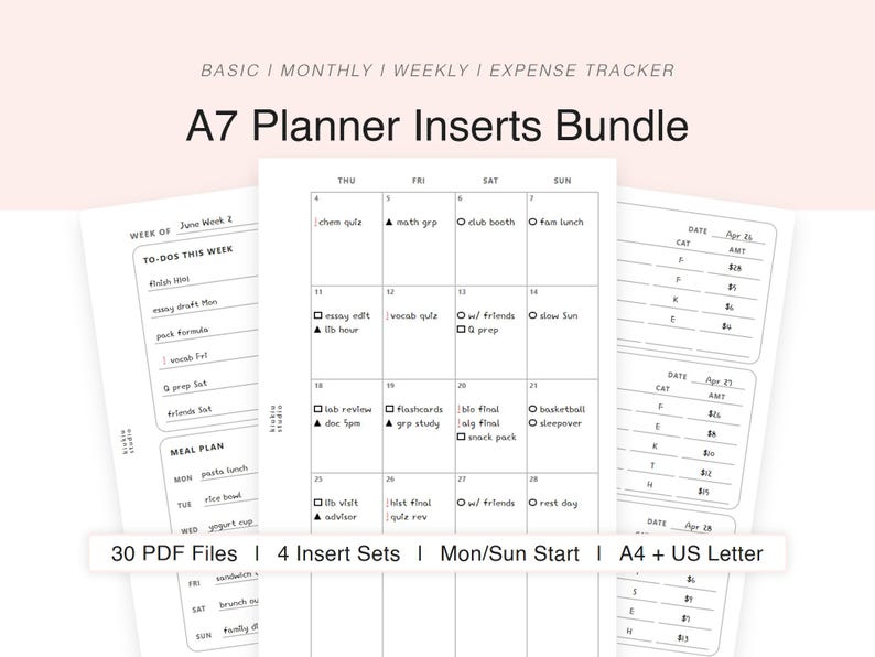 May include: A7 planner inserts bundle featuring basic, monthly, weekly, and expense tracker pages. The white paper sheets display black text and grid layouts for scheduling, to-do lists, meal planning, and financial tracking with 30 PDF files included.