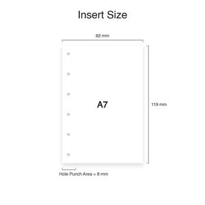 May include: A white A7 planner insert with six pre-punched holes along the left side. The text reads Insert Size, A7, and Hole Punch Area = 8 mm. Dimensions are 82 mm wide by 119 mm high, with a hole punch area measuring 8 mm in width.