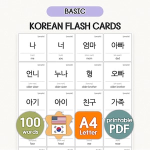 Könnte beinhalten: Koreanische Karteikarten mit grundlegenden Vokabeln. Die Karten zeigen koreanische Wörter mit englischen Übersetzungen. Das Bild enthält den Text "BASIC" und "KOREAN FLASH CARDS". Zusätzlicher Text umfasst "100 words", "A4 Letter" und "printable PDF".