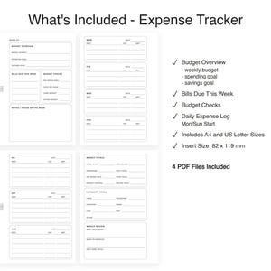 May include: A white expense tracker planner page with black text featuring sections for budget overview, weekly totals, and daily logs. The text includes What's Included - Expense Tracker, Budget Overview, Bills Due This Week, Budget Checks, Daily Expense Log, and Insert Size: 82 x 119 mm.