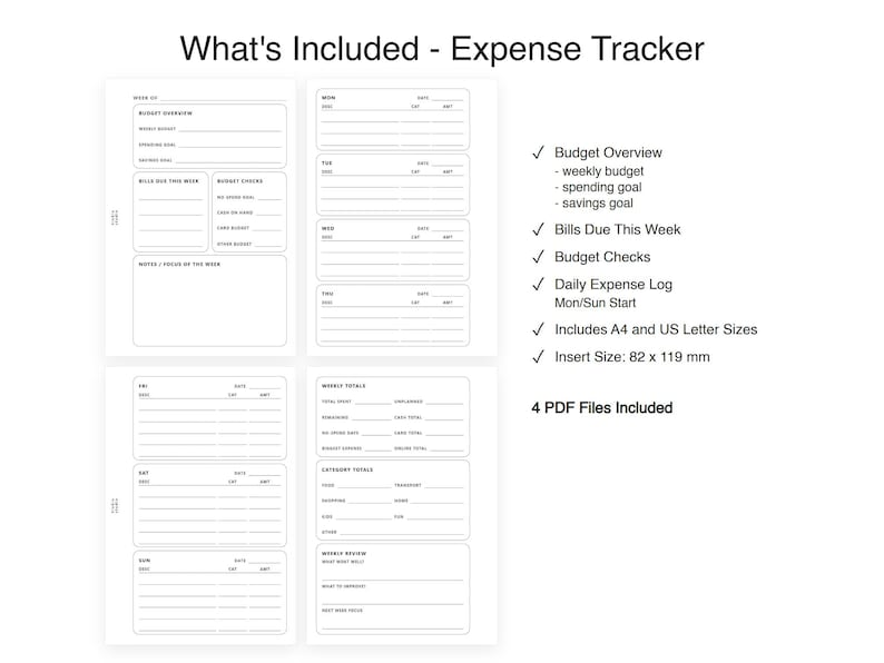 May include: A white expense tracker planner page with black text featuring sections for budget overview, weekly totals, and daily logs. The text includes What's Included - Expense Tracker, Budget Overview, Bills Due This Week, Budget Checks, Daily Expense Log, and Insert Size: 82 x 119 mm.