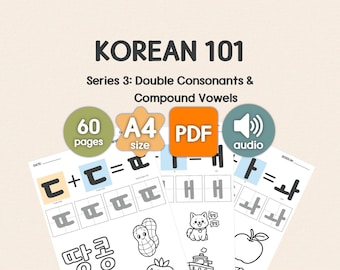 Korean Compound Consonants and Vowels Workbook for Beginners & Kids: Audio QR Included | Series 3 | Printable PDF | Digital Download