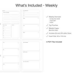 May include: A digital weekly planner template featuring sections for to-dos, meal plans, notes, and top priorities. The text includes 'What's Included - Weekly', 'To-dos this week', 'Meal plan', 'Top Priorities', and '4 PDF Files Included' with an insert size of 82 x 119 mm.