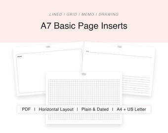 Horizontal A7 Basic Page Inserts | Lined Grid Memo Sketch Pages | Printable A7 Binder Pages | A4 Letter PDF