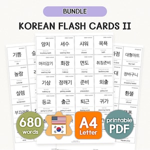 Op de afbeelding: Een bundel Koreaanse flashcards II met printbare A4- en Letter-pagina's. Elke witte kaart toont Koreaanse tekst, Engelse vertalingen en categorie-labels in zwarte inkt. De set bevat 680 woorden voor het leren van de taal.