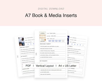 Vertical A7 Book & Media Review Inserts | Reading Log, Movie Review and Series Review Printable | Printable A7 Binder Pages | A4 Letter PDF