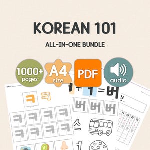May include: A Korean 101 all-in-one bundle educational resource featuring multiple printable worksheets with Korean characters, illustrations, and grid lines. The digital set includes over 1000+ pages in A4 size, PDF format, and accompanying audio files.