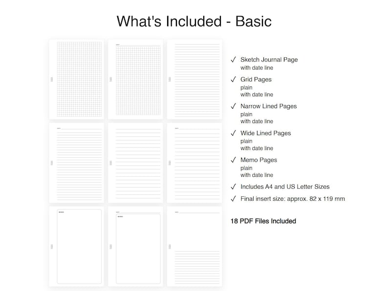 May include: A digital collection of 18 PDF planner pages featuring grid, narrow lined, wide lined, and memo layouts with date lines. The text reads What's Included - Basic, Sketch Journal Page, Grid Pages, Narrow Lined Pages, Wide Lined Pages, Memo Pages, Includes A4 and US Letter Sizes, and Final insert size: approx. 82 x 119 mm.