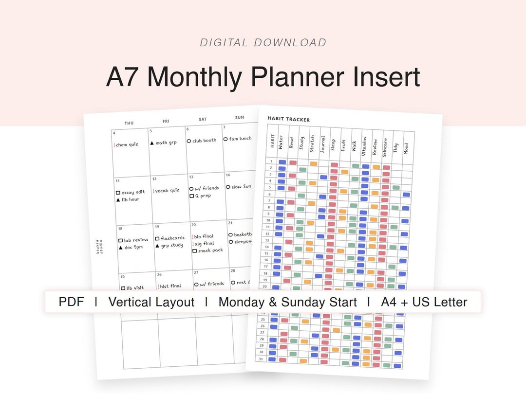 Vertical A7 Monthly Planner Insert | Printable A7 Binder Pages ...