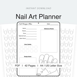 Puede incluir: Un planificador de arte de uñas en blanco y negro con el texto "Nail Art Planner" y "Descarga instantánea". El planificador incluye secciones para planes de diseño de uñas, fotos de referencia, paletas de colores y notas de diseño. Disponible en PDF, 42 páginas, tamaño A4/US Letter.