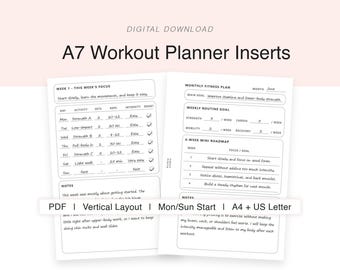 Vertical A7 Workout Planner Inserts | Printable A7 Binder Pages | Fitness Planner, Workout Tracker | A4 Letter PDF