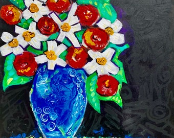 Painting/ Daisies & Roses/ mixed media art