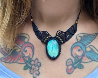 Collier macramé, collier labradorite