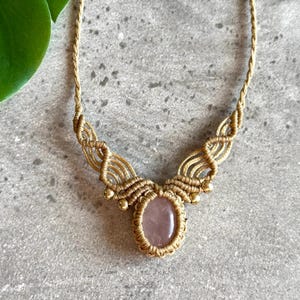 Macrame necklace, rose quartz jewelry, boho necklace
