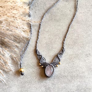 Macrame necklace, rose quartz jewelry, boho necklace