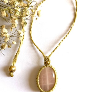 macrame necklace, rose quartz pendant, boho necklace