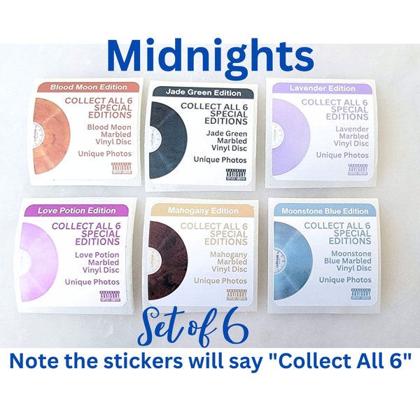 Midnights Vinyl Hype Stickers Set - Love Potion, Lavender, Blood Moon, Mahogany, Moonstone Blue, Jade Green