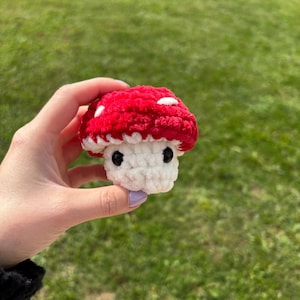 May include: A crocheted mushroom toy with a red cap and white stem. The mushroom has black eyes and a white smile.