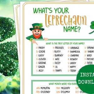 St. Patrick&#39;s Day What&#39;s Your Leprechaun Name Game, Printable St Patty&#39;s Party Games,  Fun St. Patrick&#39;s Day, St. Paddy&#39;s,  Kids & Adults