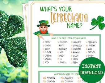 St. Patrick's Day What's Your Leprechaun Name Game, Printable St Patty's Party Games,  Fun St. Patrick's Day, St. Paddy's,  Kids & Adults