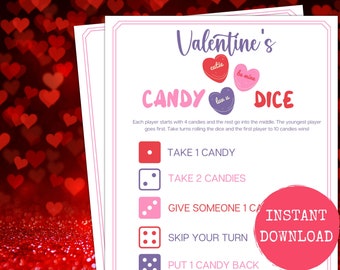 Pode incluir: Jogo de dados de doces de São Valentim para imprimir. O tabuleiro de jogo apresenta corações rosa, vermelhos e roxos com as palavras "cutie", "be mine" e "lux u". As instruções do jogo são: Cada jogador começa com 4 doces e o resto vai para o meio. O jogador mais novo começa. Vezem-se a lançar os dados e o primeiro jogador a chegar a 10 doces ganha! As opções de dados são: Pegar 1 doce, Pegar 2 doces, Dar 1 doce a alguém, Pular a vez, Devolver 1 doce.
