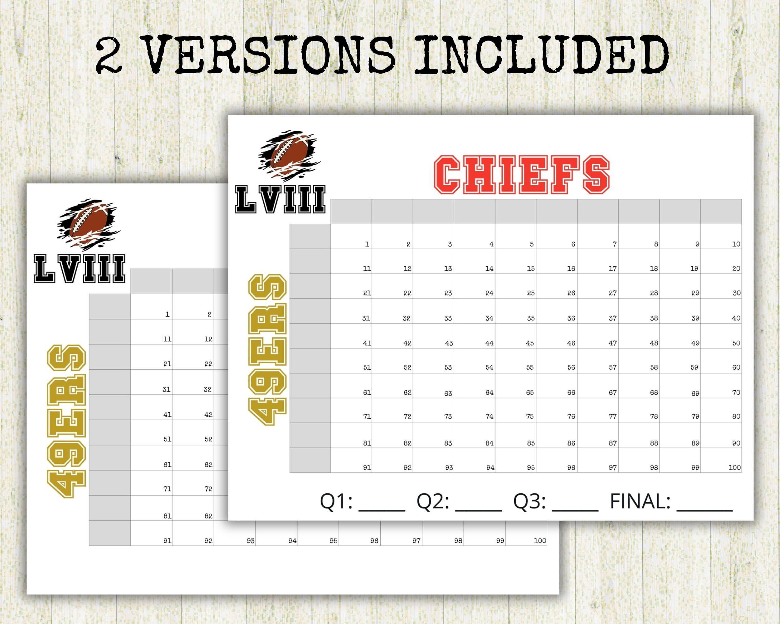 Super Squares Game, Chiefs Vs 49ers Football Grids, Printable Football