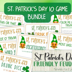 Könnte beinhalten: Ein Set von Spielkarten zum St. Patrick's Day. Die Karten zeigen grüne und orangefarbene Gnome, Kleeblätter und Spielnamen wie "Pot O' Trivia" und "Friendly Feud". Das Bundle enthält Materialien für drei Spiele.