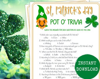 St. Patrick's Day Trivia Game, St Patty's Day Themed Party, Printable St. Patricks Day Games, St. Patty's Trivia Game, St. Patty's Day Fun