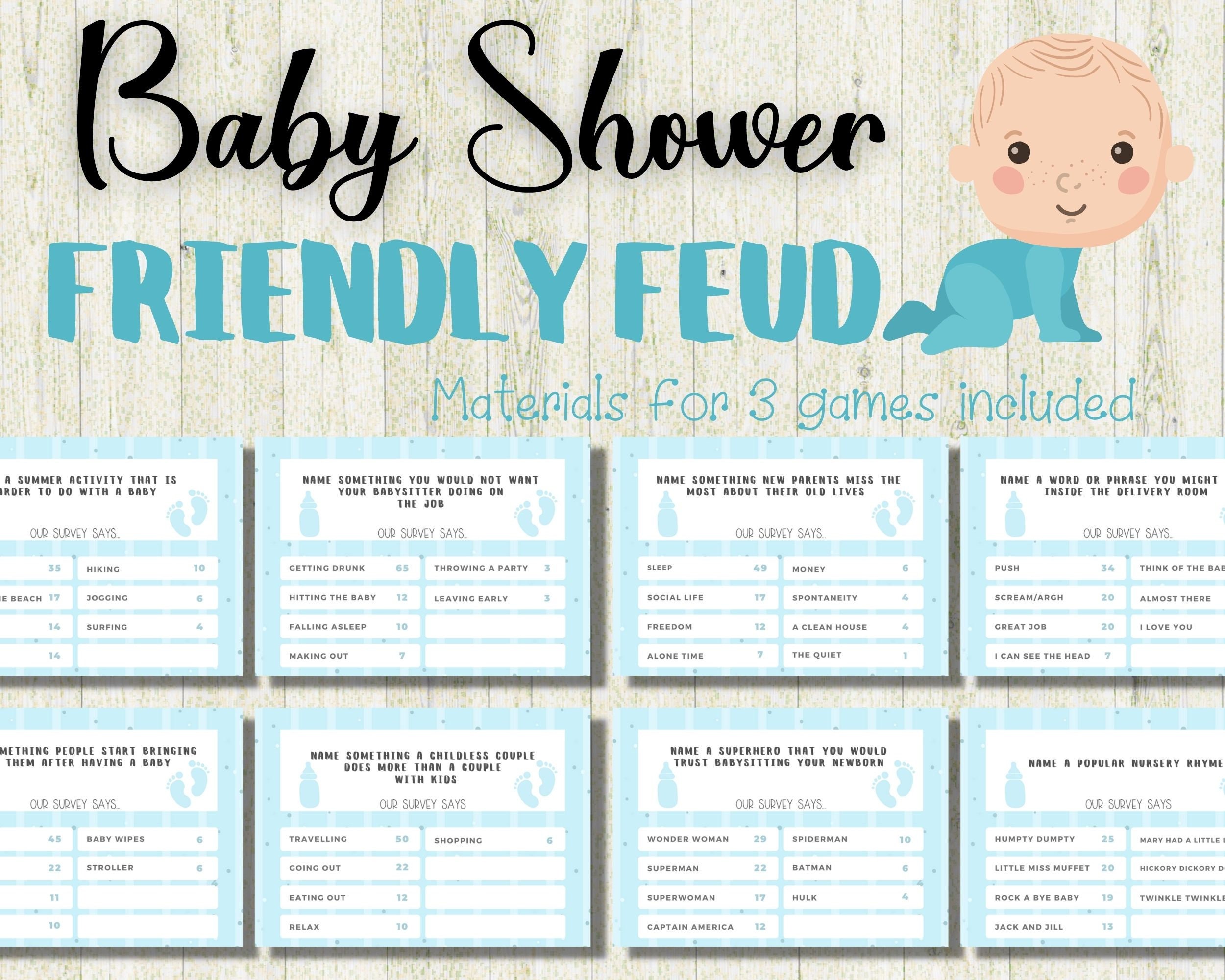 Baby Shower Friendly Feud Quiz, Family Feud Quiz, Baby Shower Game Night,  Baby Shower Fun Group Game, Mother to Be Party Game, Blue Version