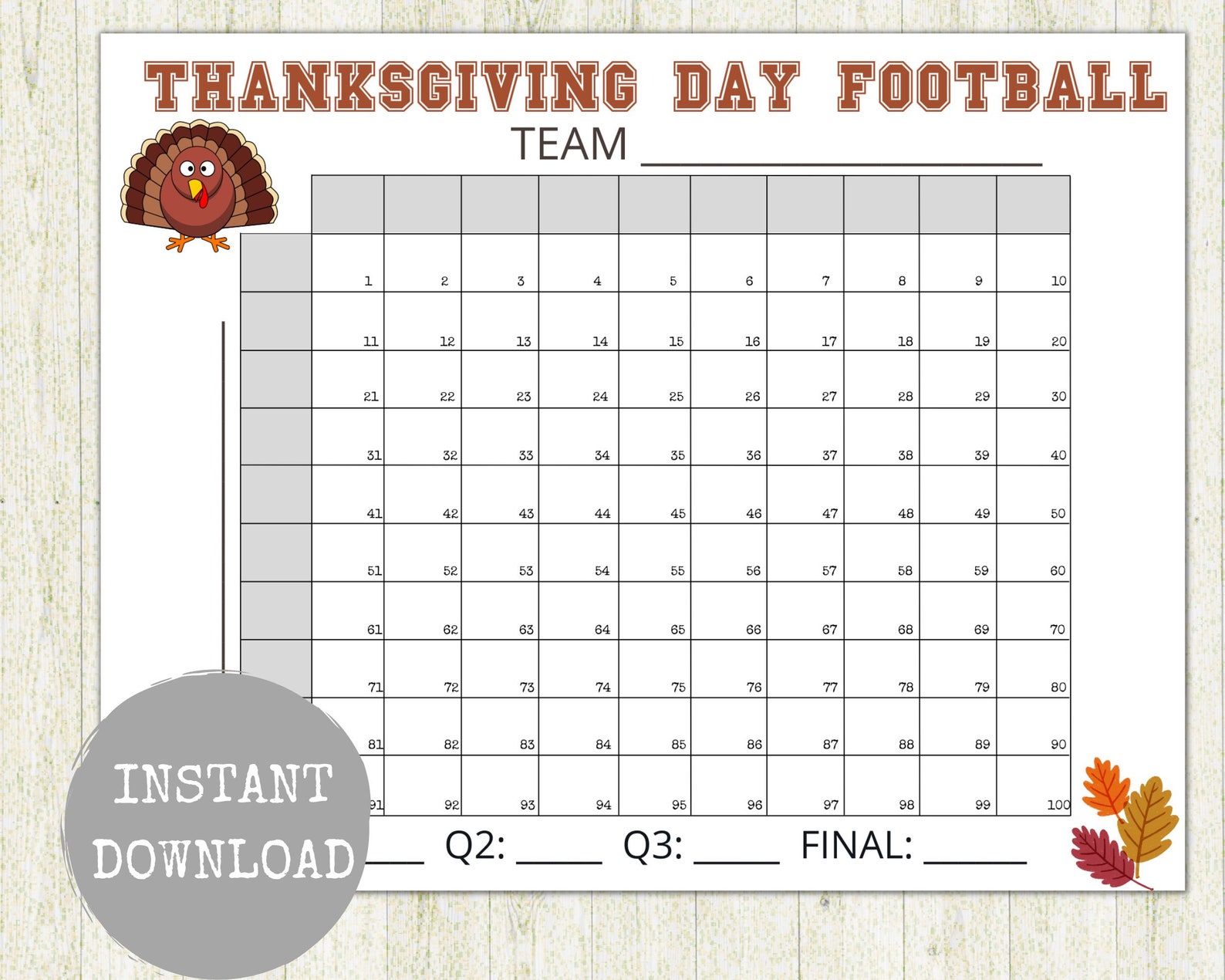 Football Squares Game, Thanksgiving Day Game Football Squares, Bowl