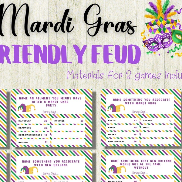 Mardi Gras Friendly Feud Game,  Family Feud Quiz, Mardi Gras Game Night, Fat Tuesday Quiz Trivia, Printable Mardi Gras Game