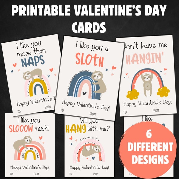 Printable Sloth Valentine's Day Cards, Valentines Card for Kids, Sloth Valentine Template, DIY Valentine, Valentines Cards for Kids