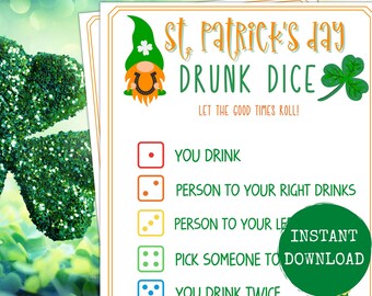 St Patrick's Day DRUNK DICE Game, St Patty's Party, Printable St Patty's Games, St Paddy's Day Party, Adult Games, Dice Game, Drinking Games