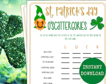 St. Patrick's Day Scattergories Game, St Patrick's Themed Party, Printable St. Patty's Games,  Printable St Paddy's Day, St Pattys Games