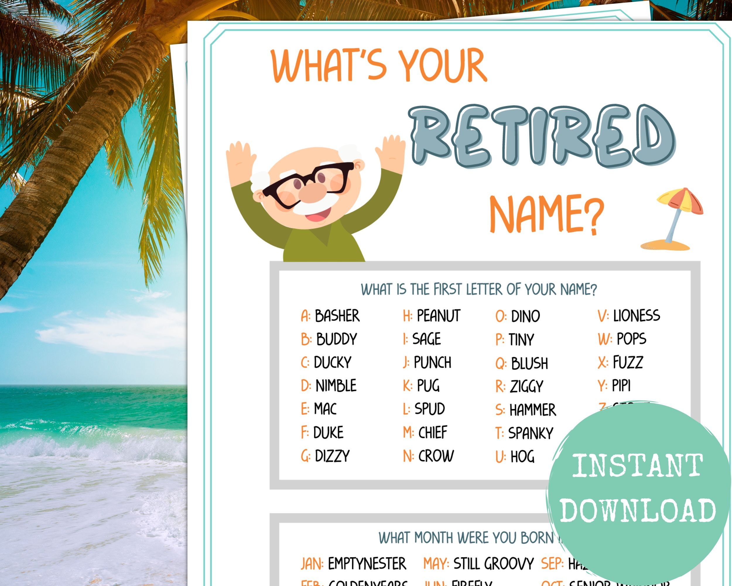 Retirement What's Your Retired Name Game, Fun Retirement Party Games