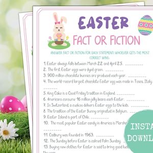 May include: A printable Easter-themed game with the title "Easter Fact or Fiction". The game features 13 questions about Easter traditions and facts. The questions are printed on a white background with a pink border. The image also includes a cartoon bunny holding a basket of Easter eggs and a colorful Easter egg.