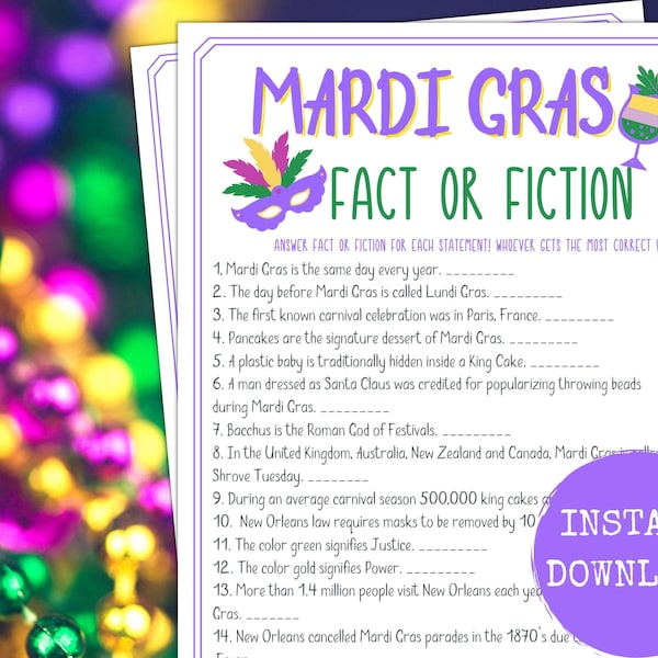 Mardi Gras Fact or Fiction Game, Mardi Gras Themed Party, Printable Mardi Gras Games, Fat Tuesday Party, Adult Games, Printable Mardi Gras