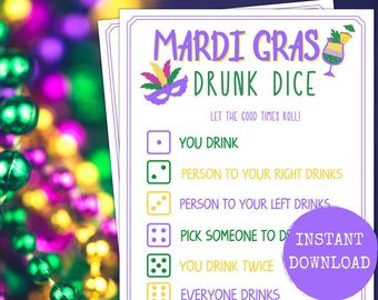 Mardi Gras DRUNK DICE Game, Mardi Gras Themed Party, Printable Mardi Gras Games, Fat Tuesday Party, Adult Games, Dice Games, Drinking Games