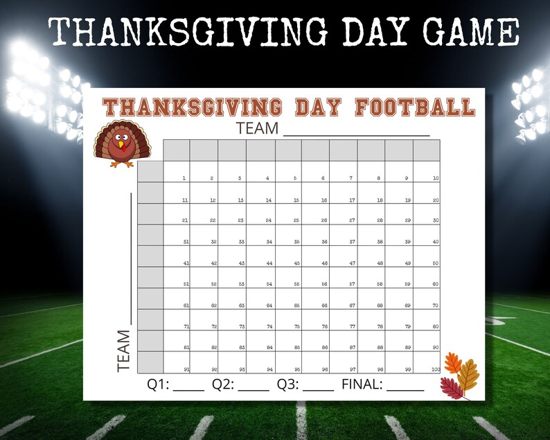 Football Squares Game Thanksgiving Day Game Football Squares Etsy
