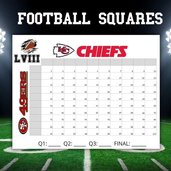 Football Squares Game, Super Bowl Squares, Super Bowl Game 2024, Super Bowl Party Game, Football Squares, Chiefs vs 49ers