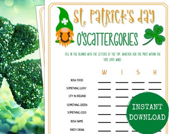 St. Patrick's Day Scattergories Game, St Patrick's Themed Party, Printable St. Patty's Games,  Printable St Paddy's Day, St Pattys Games