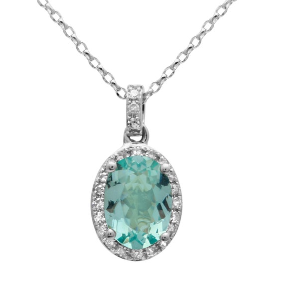 14k White Gold Diamond Apatite Oval Halo Pendant Necklace | Etsy