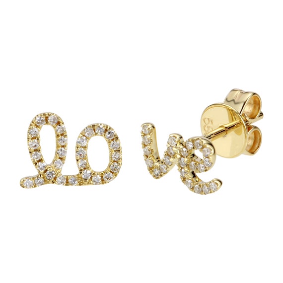 14k Yellow Gold Diamond Split Love Letter Stud Earrings 1/10 | Etsy