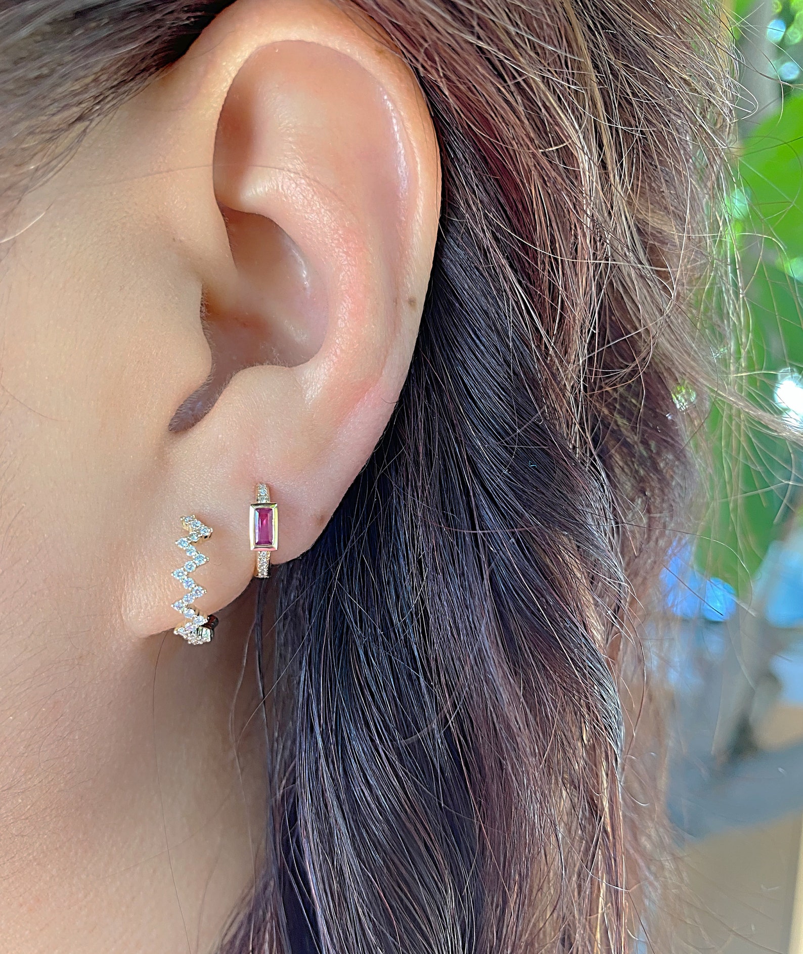 14k Yellow Gold Diamond Ruby Baguette Hoop Earrings Etsy