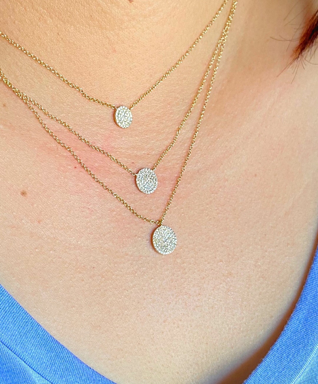 14k White Gold Diamond Disc Pendant Necklace Etsy