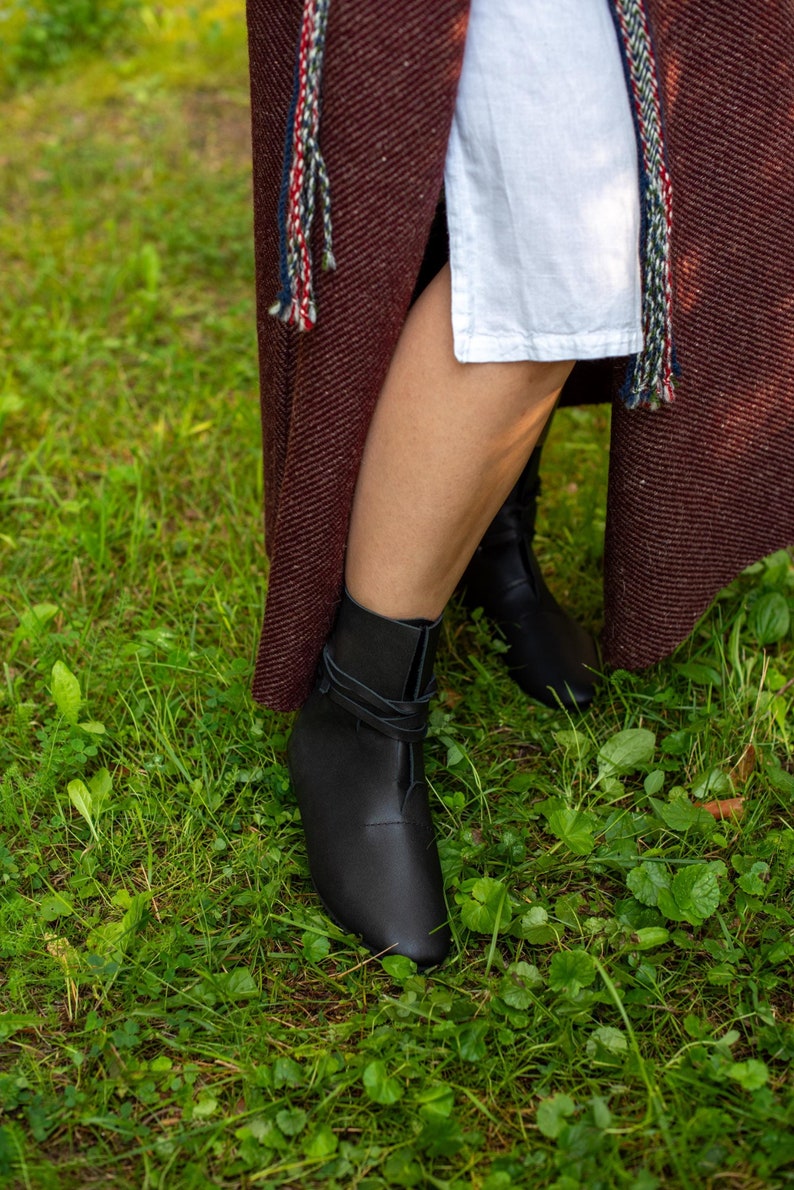Black medieval boots, natural leather, barefoot shoes, viking costume