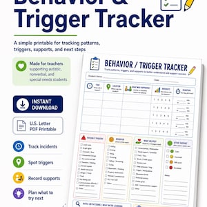 May include: A Behavior & Trigger Tracker printable document featuring sections for student name, date, time, location, activity, intensity, and duration. It includes checklists for possible triggers, behaviors, supports used, and after support outcomes.